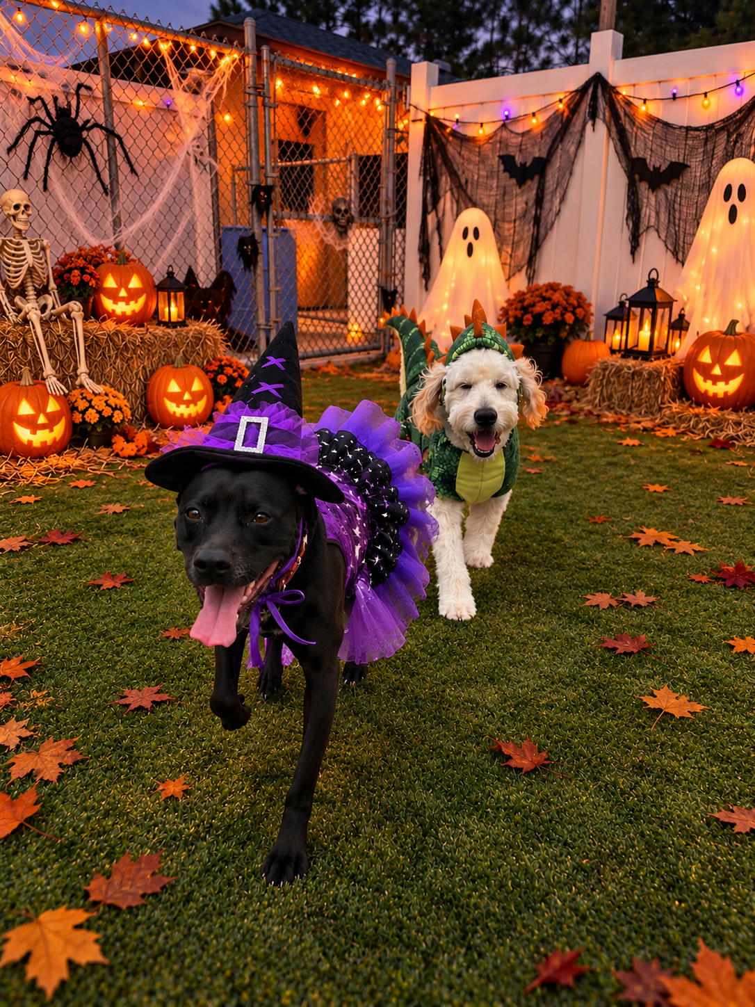 Dogs in Halloween costumes running through decorated yard at Preppy Pet