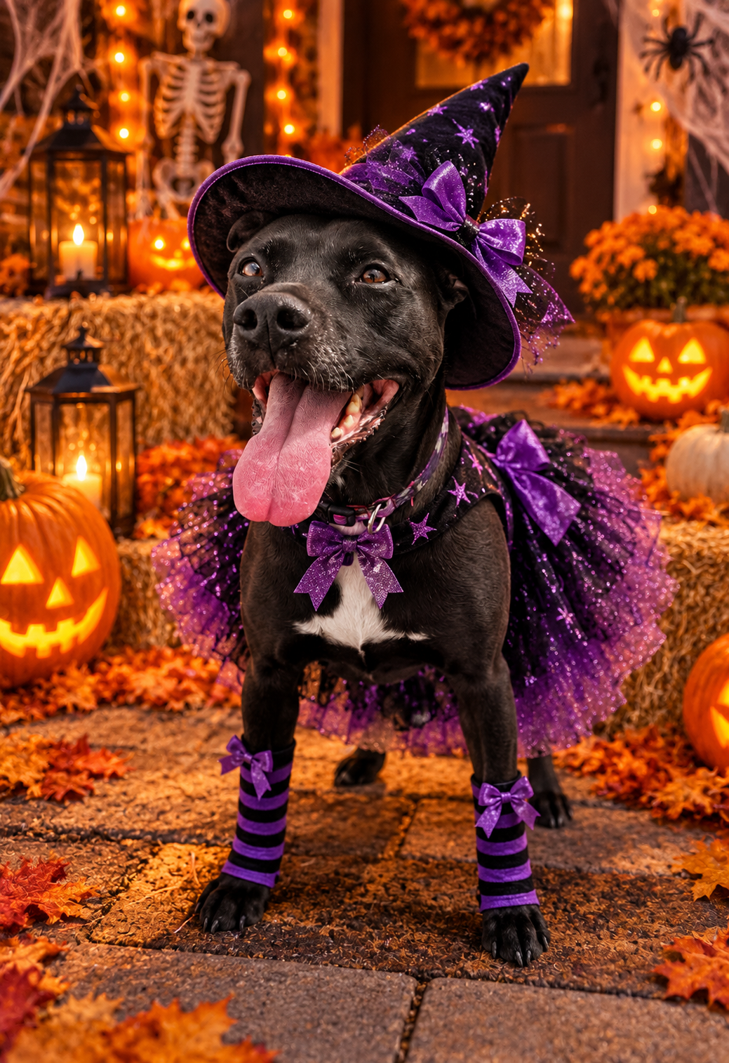 Black dog in purple witch Halloween costume at Preppy Pet