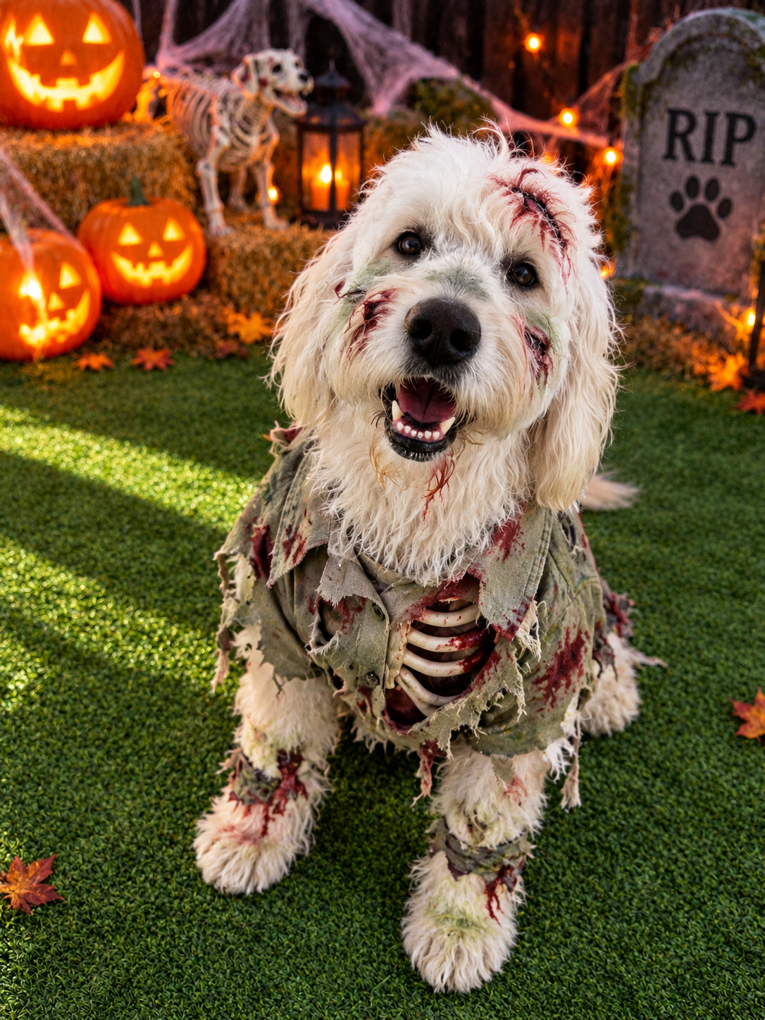 Pets in Halloween costumes at Preppy Pet boarding facility